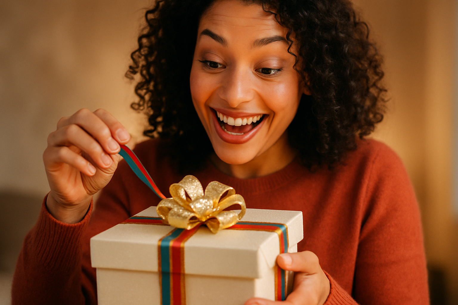 image of a women excited about opening a new gift
